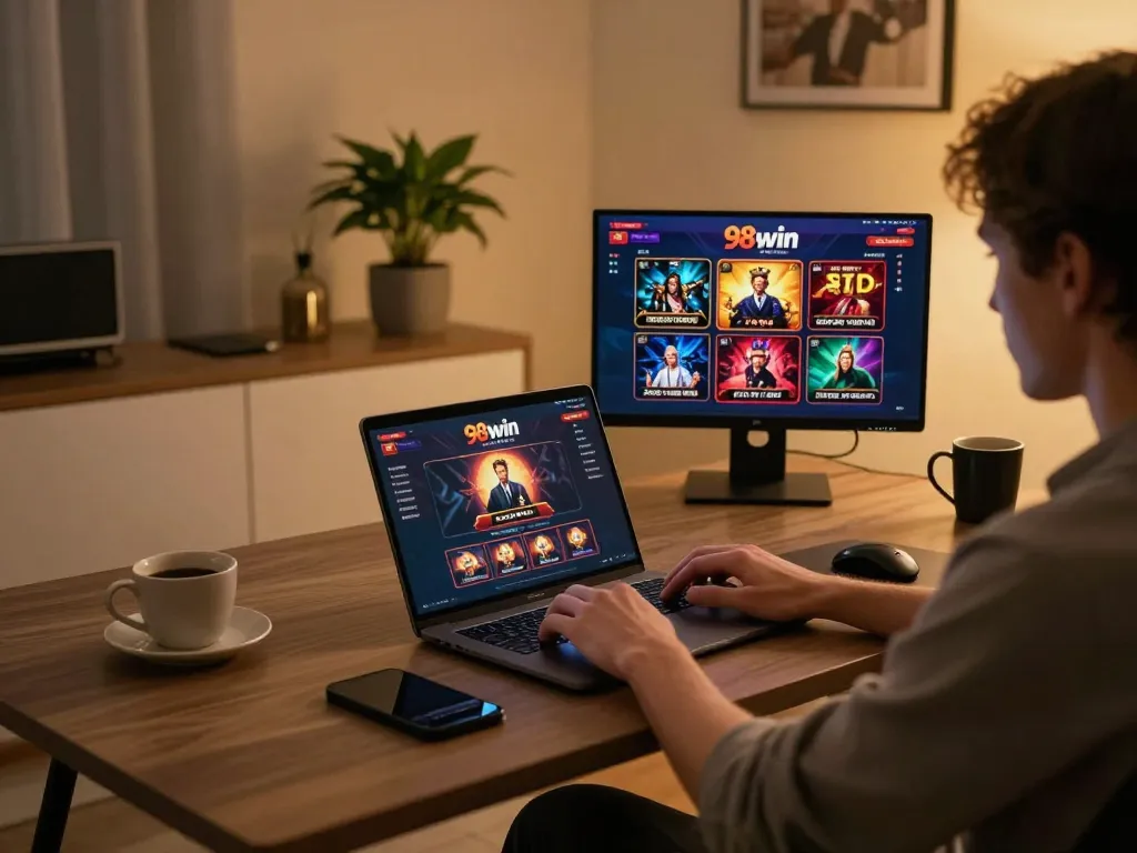 Play on 98win with a stylish home setup featuring a laptop and warm lighting