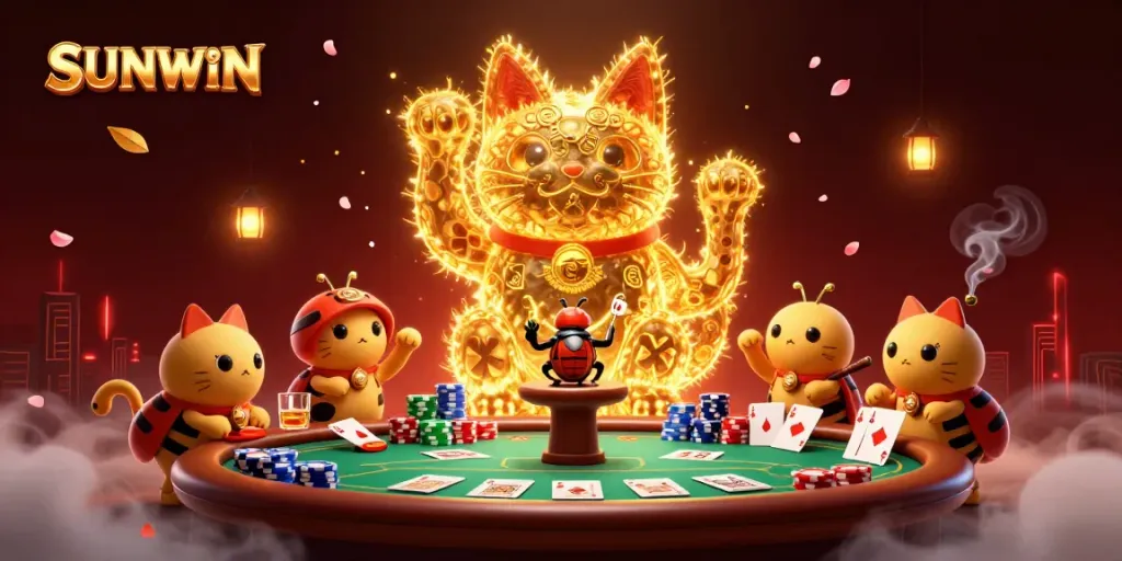 Experience the winning luck at SUNWIN with a vibrant lucky cat and poker visual feast.
