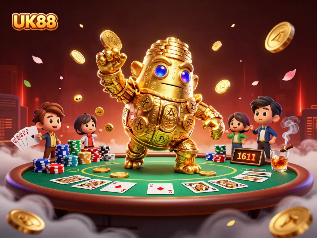 Experience the thrill of UK88 as golden golem and poker elements create a vibrant casino atmosphere.