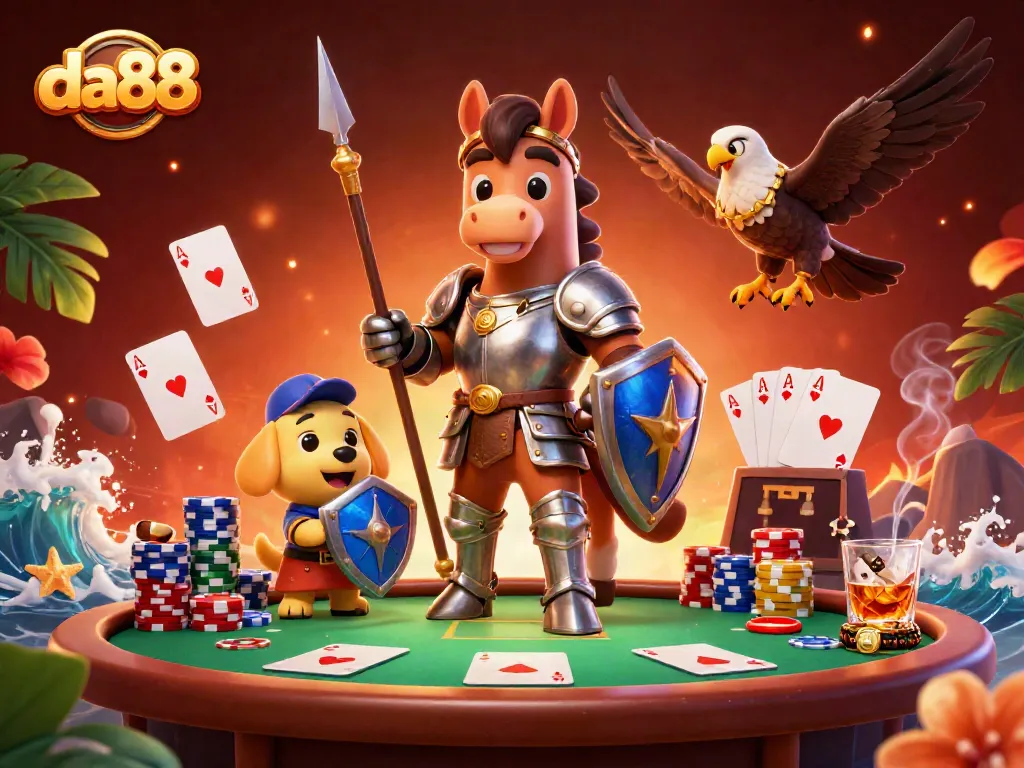 Engage with da88, featuring a knight, squire, and falcon amidst vibrant poker elements.