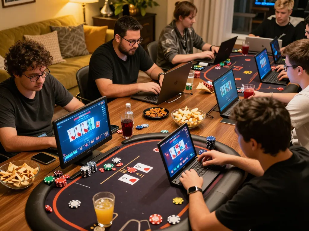 Players engaging in strategy during an online bin88 casino tournament from home