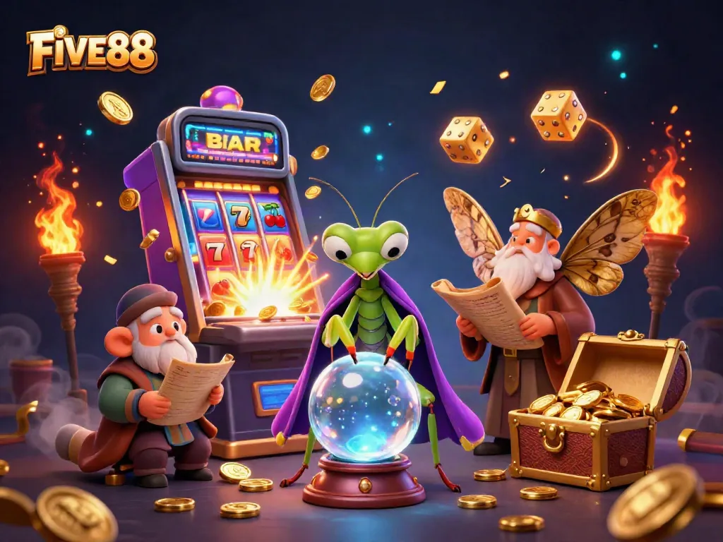 Experience the magic of FIVE88 with a vibrant casino scene featuring mystical characters and dynamic game elements.