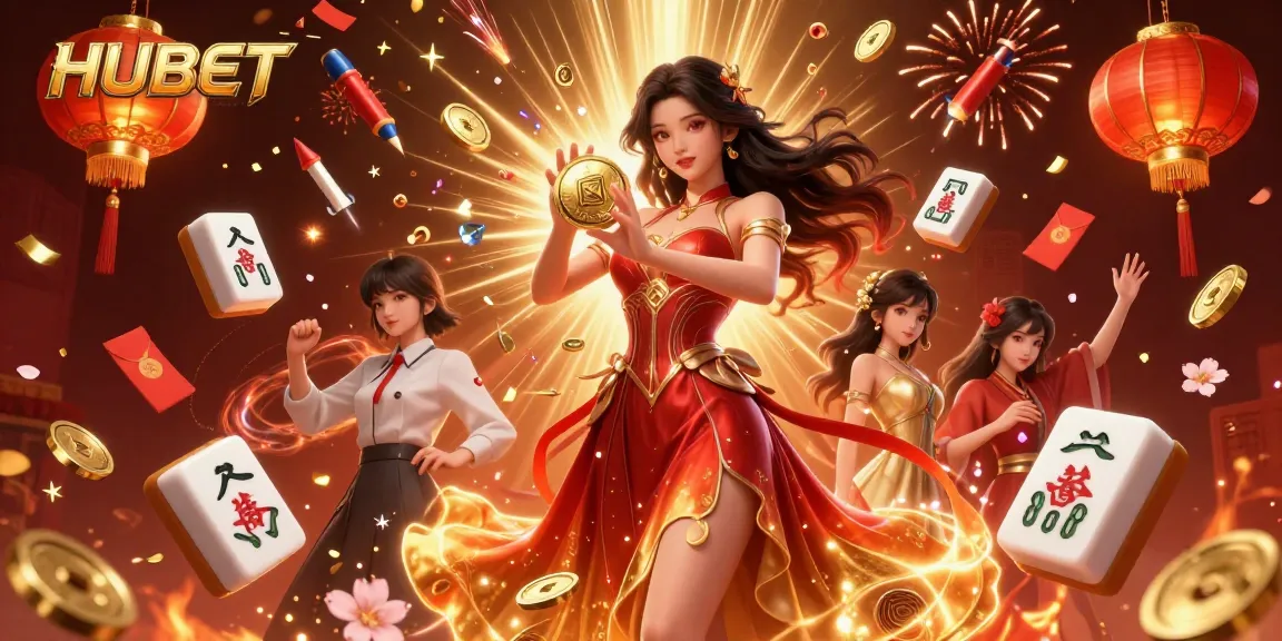 HUBET features a stunning Asian woman with a golden coin surrounded by vibrant casino elements.