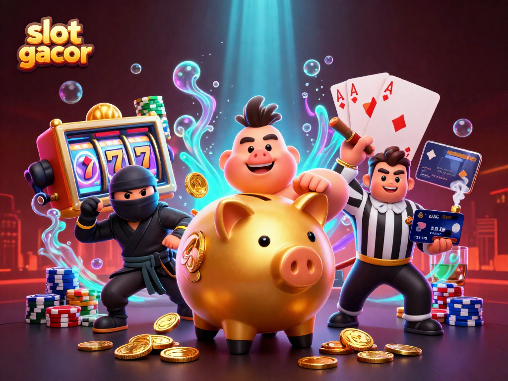 Engaging slot gacor scene featuring a golden piggy bank sumo wrestler, wallet-ninja, and credit-card samurai amidst casino elements.