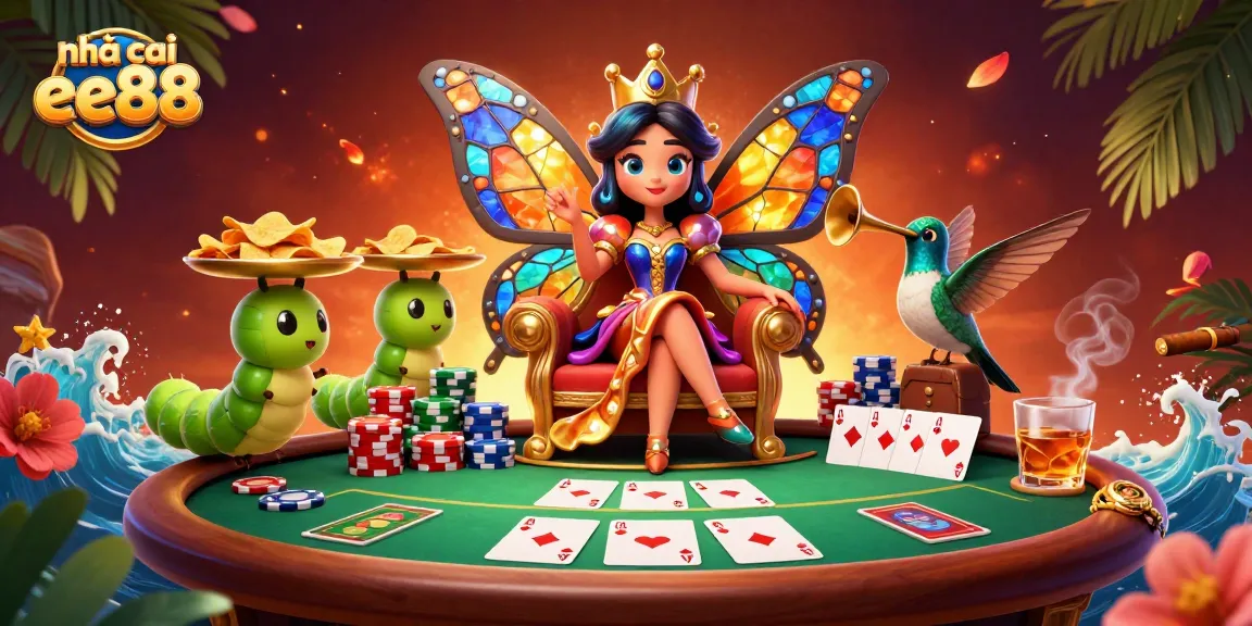 Engage with nhà cái ee88 through vibrant poker action featuring a butterfly queen and dynamic gaming elements.
