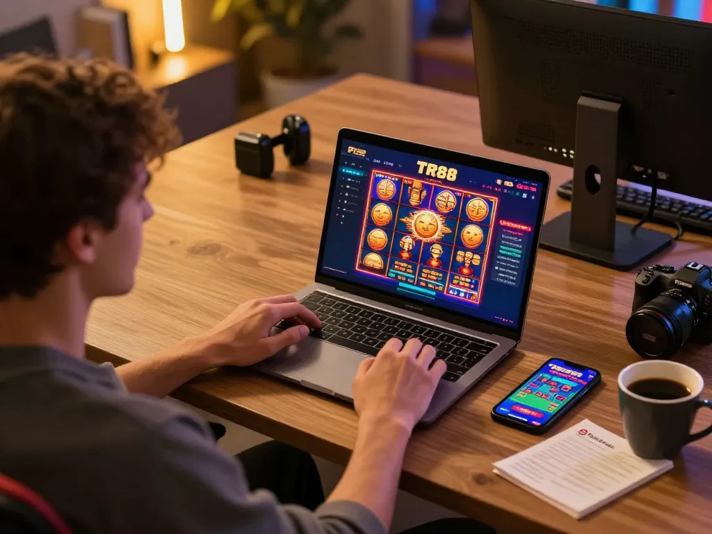 Player engaging with TR88 online casino games on a laptop, surrounded by warm ambient lighting and gaming strategy notes.
