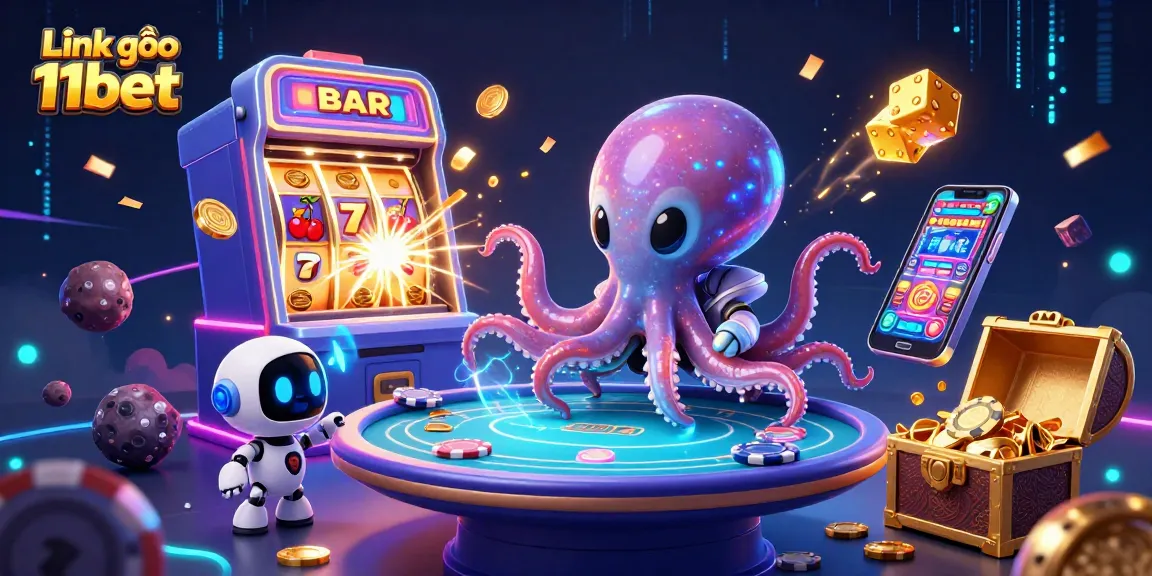 Link vào 11bet showcases vibrant 3D alien octopus and robot at a poker table amidst a jackpot explosion.