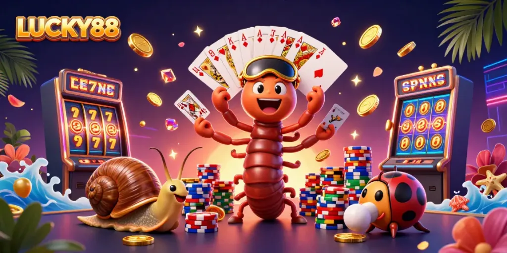 Experience thrilling wins with LUCKY88 in this vibrant casino scene filled with slot excitement and playful characters.