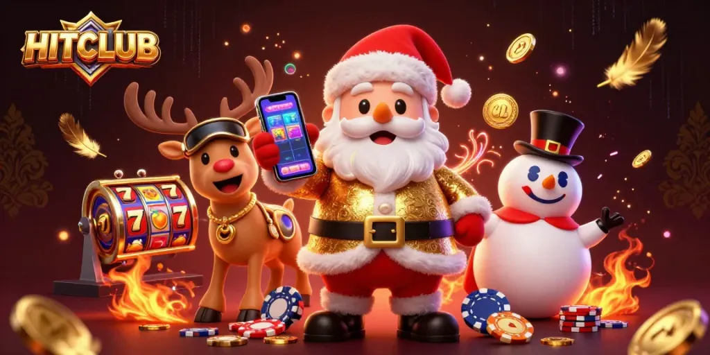 Spin the reels at HITCLUB with Santa, his reindeer dealer, and a chip-top hat snowman.