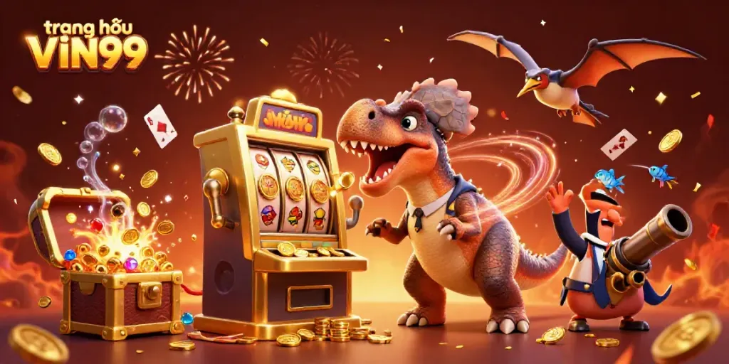 Experience thrilling moments at trang chủ VIN99 with a dinosaur-themed jackpot scene showcasing a headbutting pachycephalosaurus.
