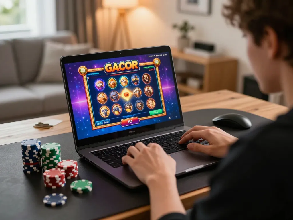 Player enjoying slot gacor on a laptop at home, surrounded by gaming atmosphere and colorful graphics.