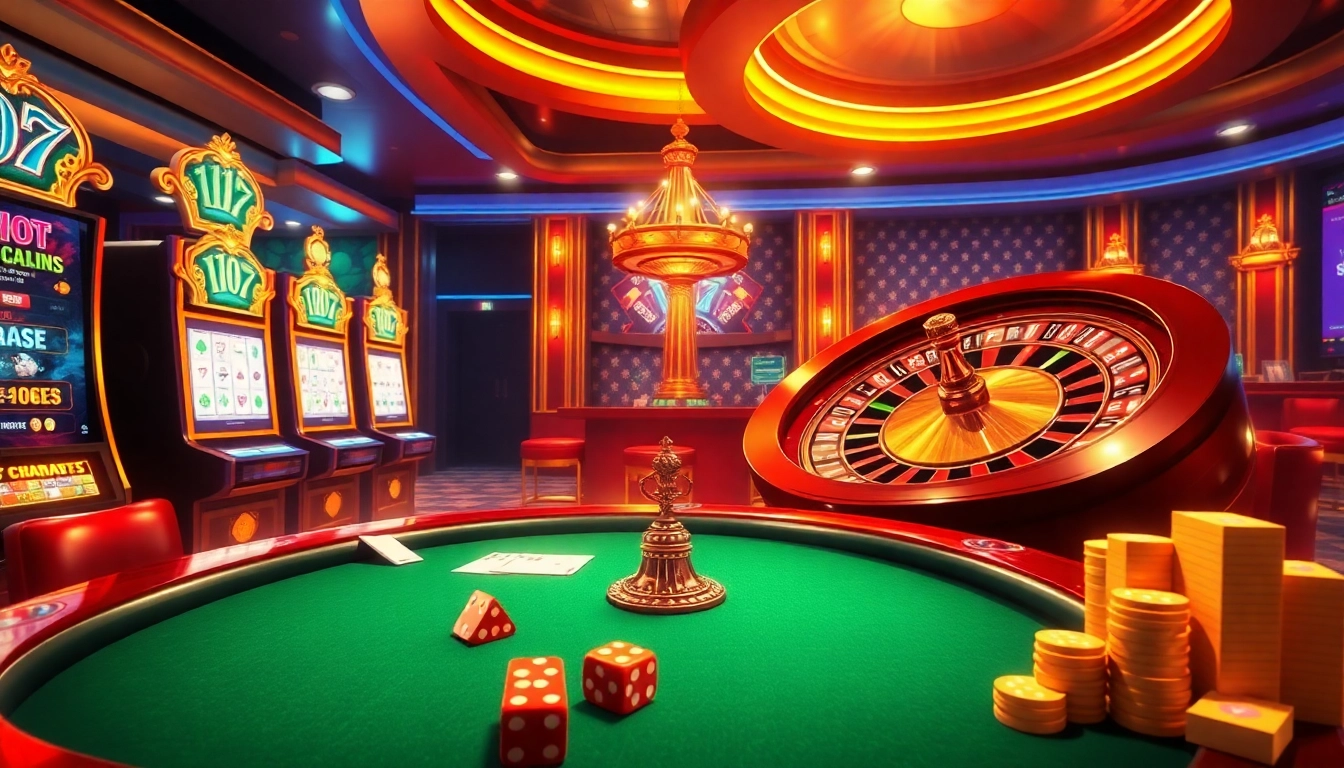 Experience the thrill of gambling at https://we88top.io/ with luxurious casino visuals, slot machines, and a roulette wheel.