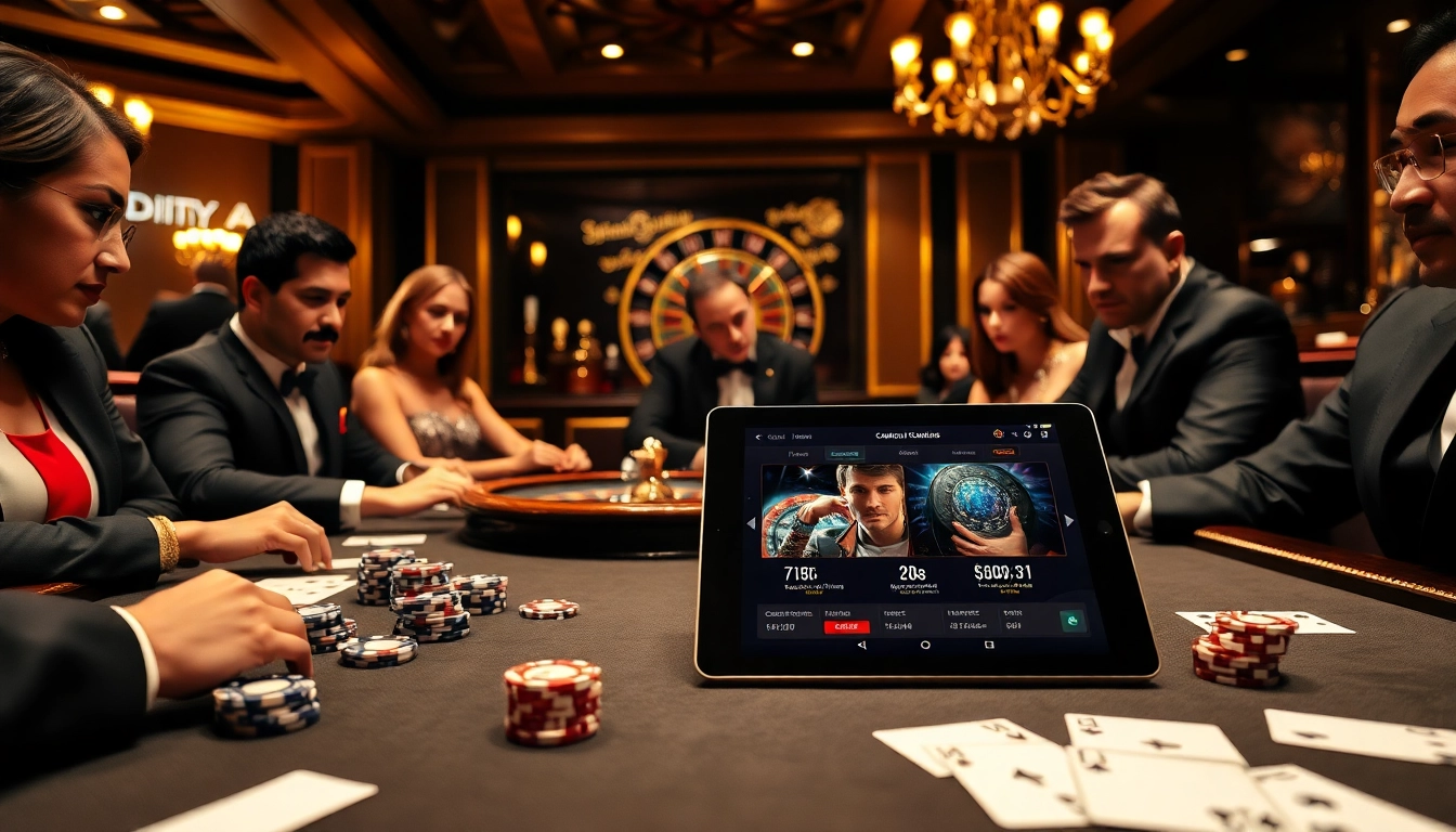 Experience high-stakes gambling excitement at https://tg88u.com/ with players enjoying poker and roulette in a lavish casino.