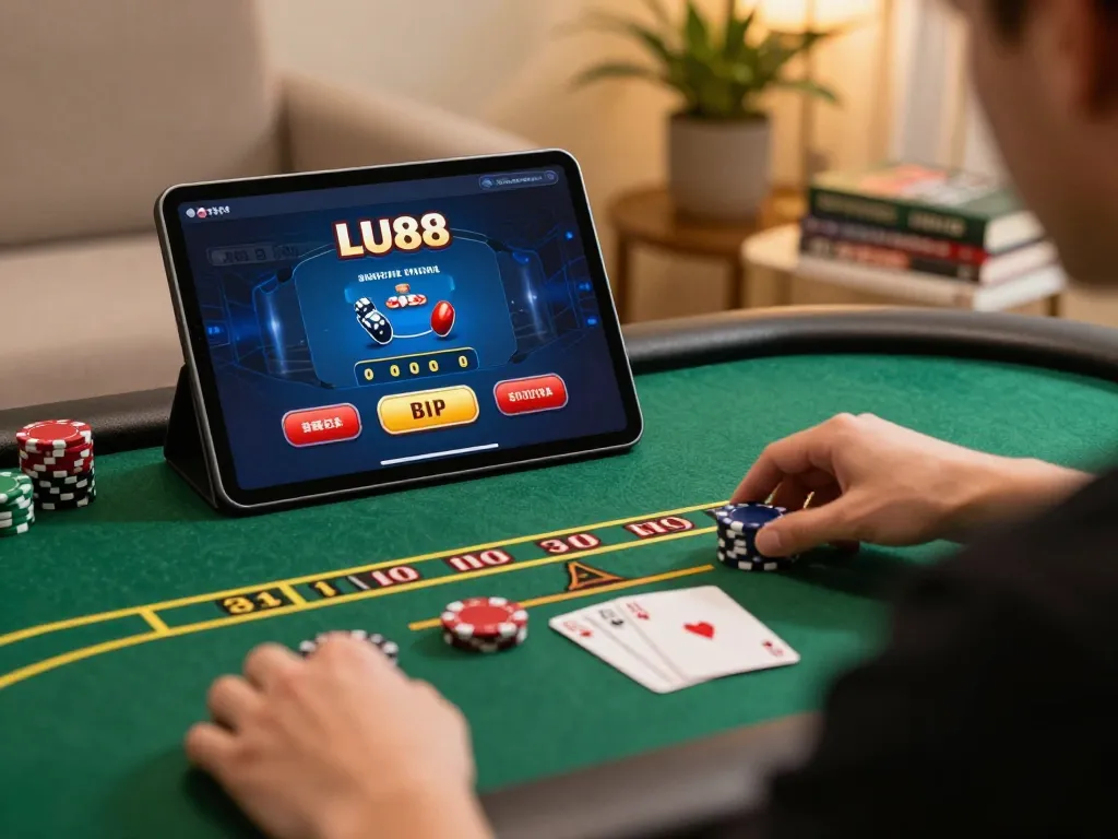 Player engaging with LU88 online casino interface for strategic gaming decisions at home.