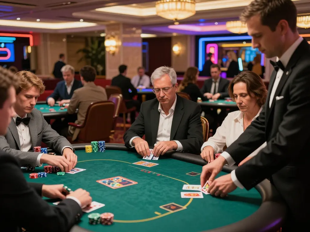 Mmoo88 poker tournament with players at luxurious tables engrossed in action.