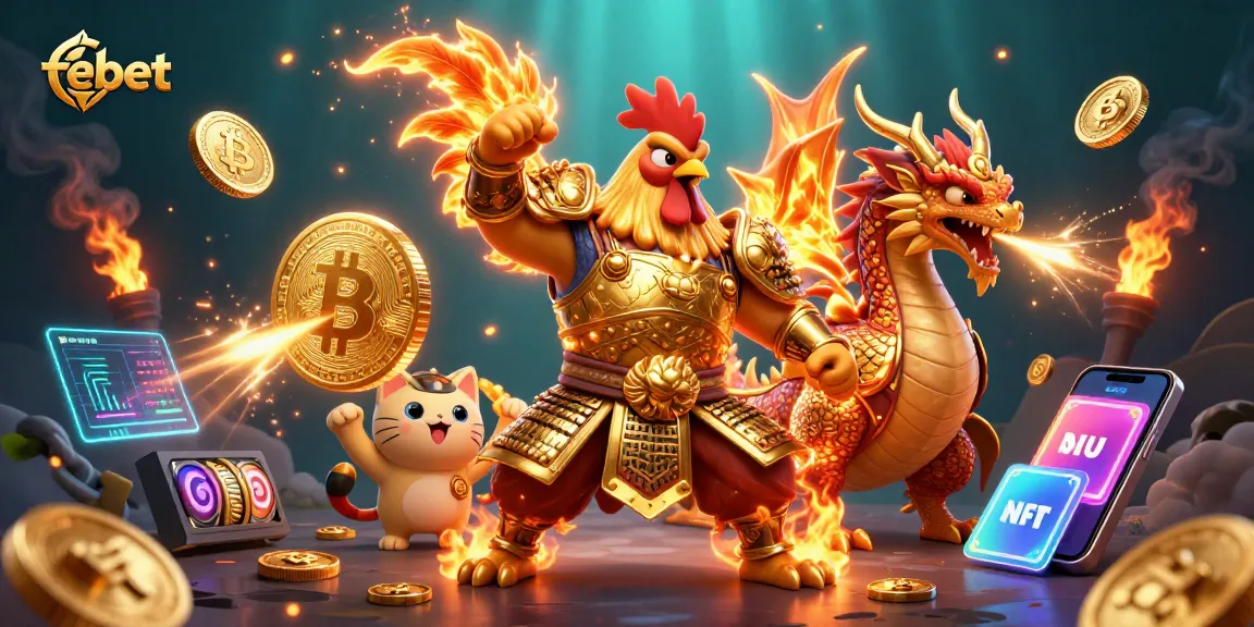 Experience explosive gaming action with febet's dynamic 3D casino illustration featuring fantasy warriors and vibrant cryptocurrency elements