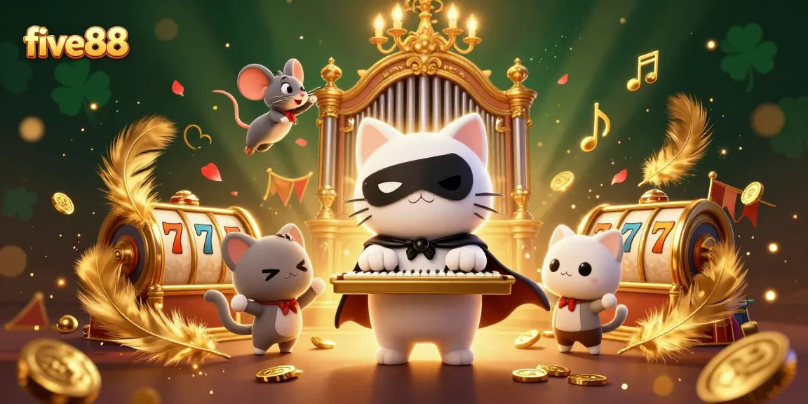 Experience thrill with five88 at a vibrant casino scene featuring a phantom cat and a mouse acrobat.