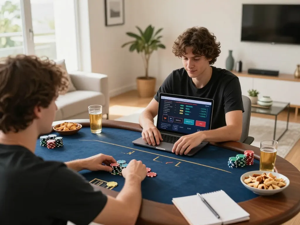 ONE88 player engaged in strategic online poker gameplay with laptop at home