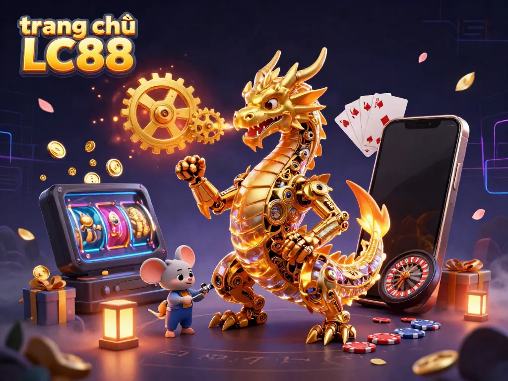 Experience the excitement of gaming at trang chủ LC88 with a golden dragon theme and casino elements.
