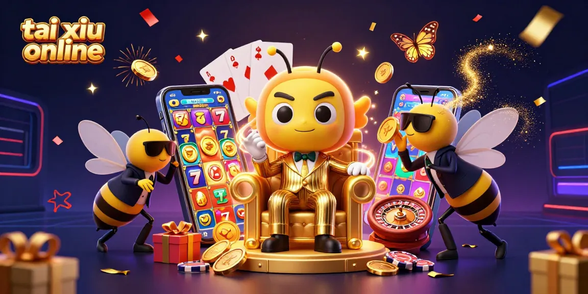 Tai xiu online gaming scene featuring a cartoon bee mob boss, vibrant casino elements, and engaging atmosphere.