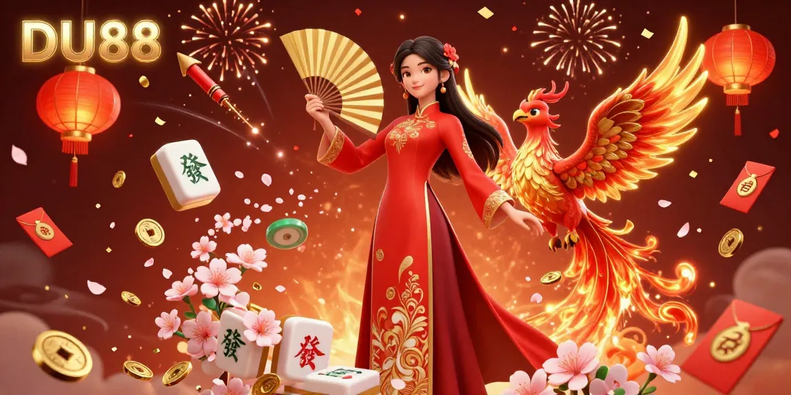 Experience the thrill of DU88 with a vibrant 3D illustration showcasing rich casino elements and traditional Vietnamese culture.