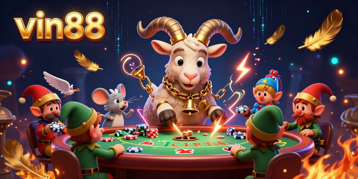 Experience thrilling action at vin88 in a festive casino scene featuring whimsical characters.
