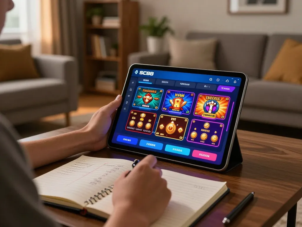 Player engaging with the SC88 app on tablet, showcasing vibrant casino games in a cozy setting