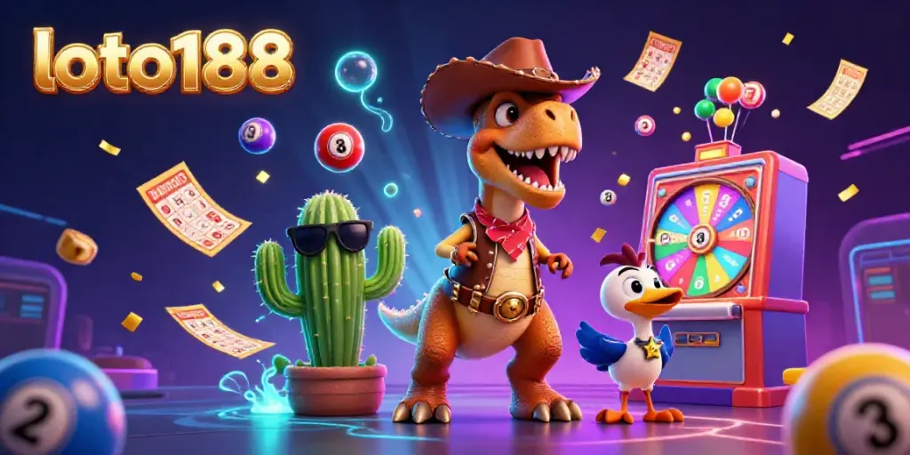 Engage with loto188's vibrant gaming world featuring a cowboy dinosaur in a thrilling lottery scene.