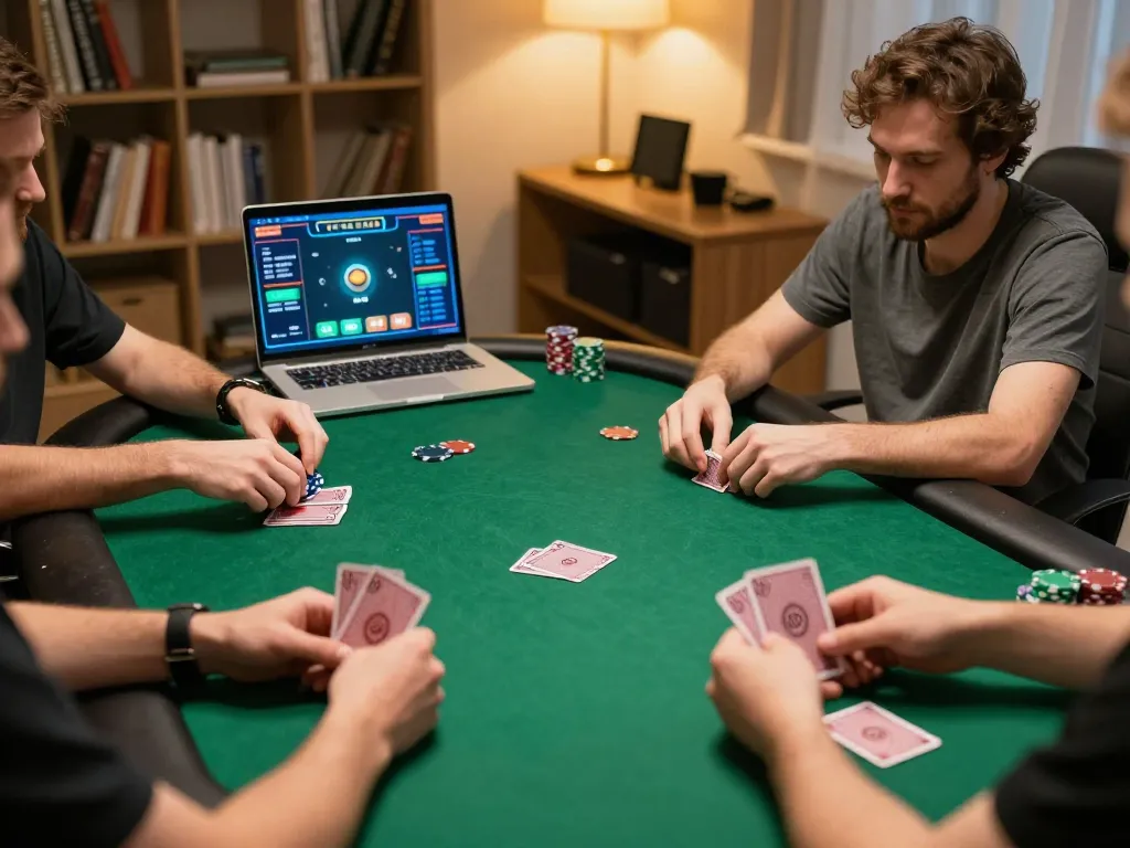 Engaging online poker gameplay at Go8, showcasing players' hands and game interface in a cozy setting.