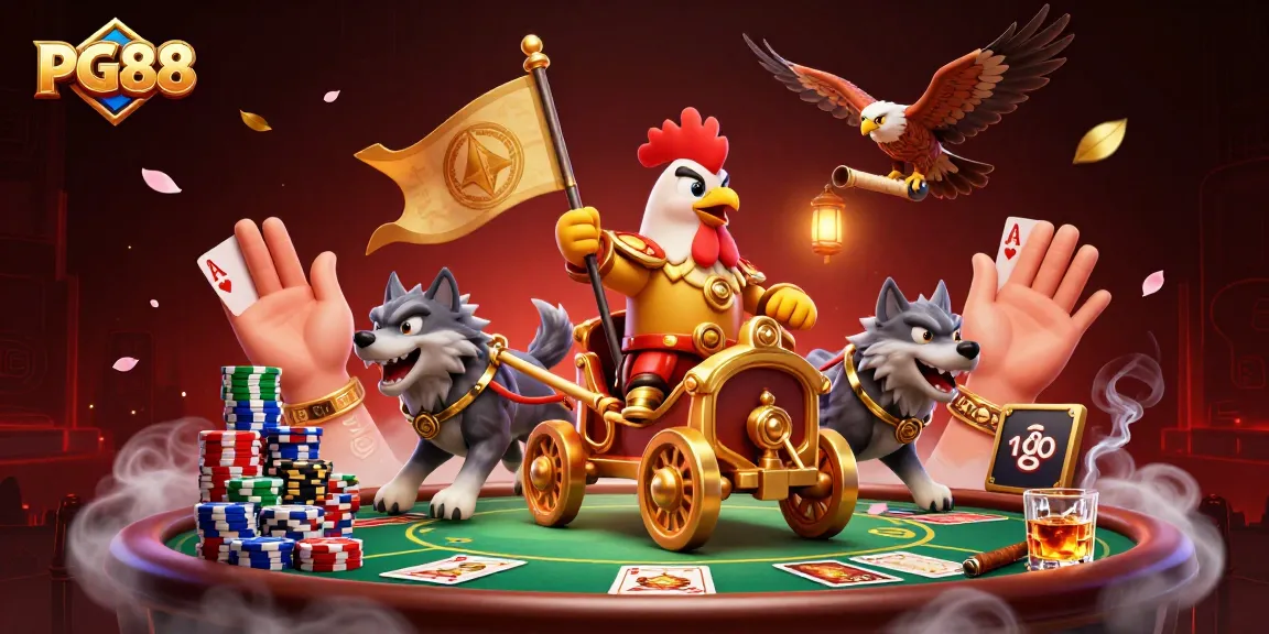 PG88 offers thrilling online casino experiences with a rich 3D illustration showcasing vibrant poker action.