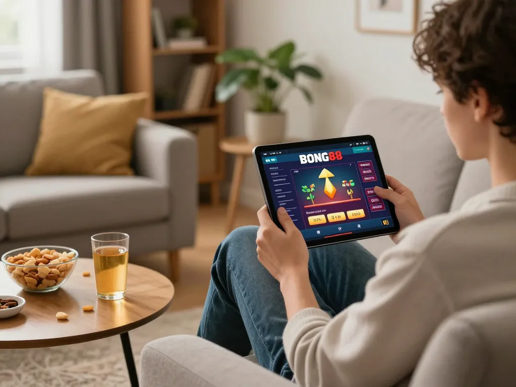 BONG88 online gaming experience from home, highlighting comfortable setup with tablet and strategy notes