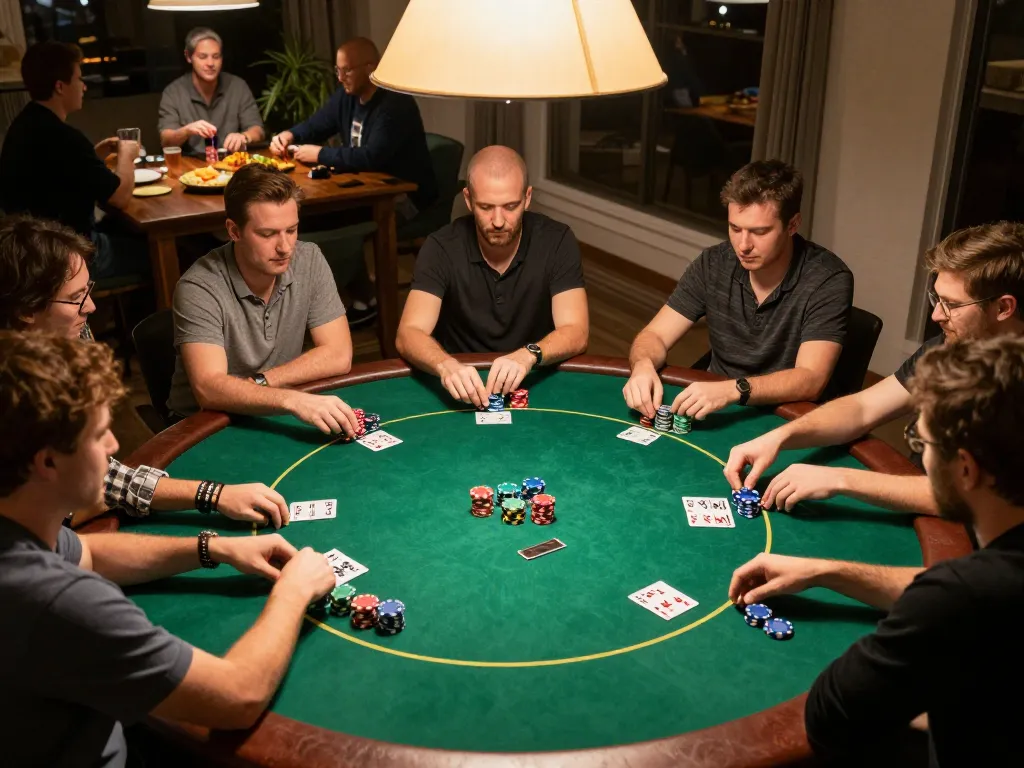 Players engaged in a lively game of poker at a home poker night featuring 78 win strategies and friendly competition