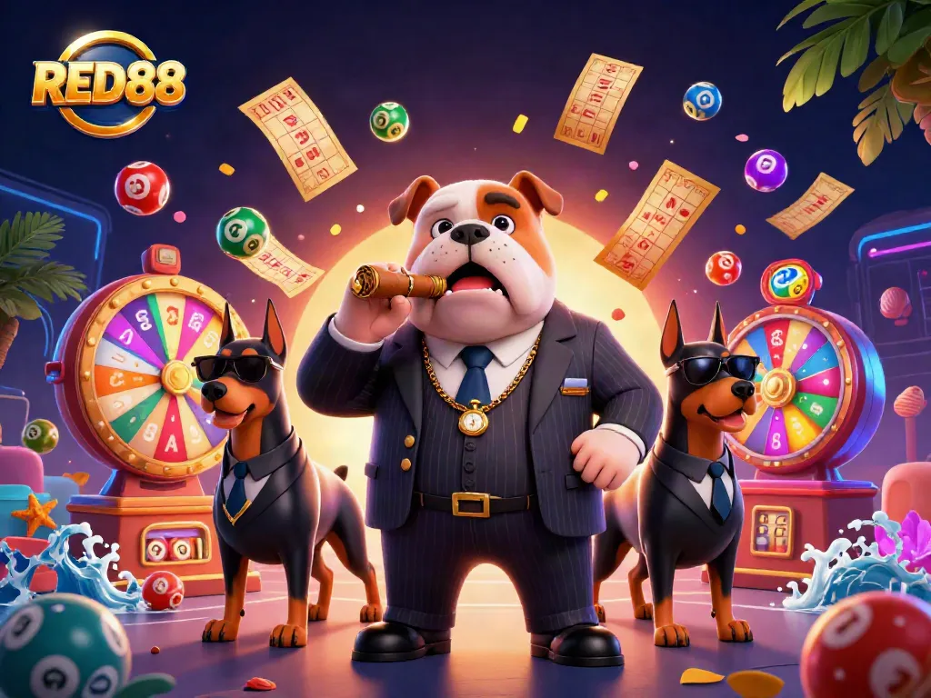 Join the excitement at RED88 as mafia-themed characters navigate vibrant casino elements in this dynamic scene.