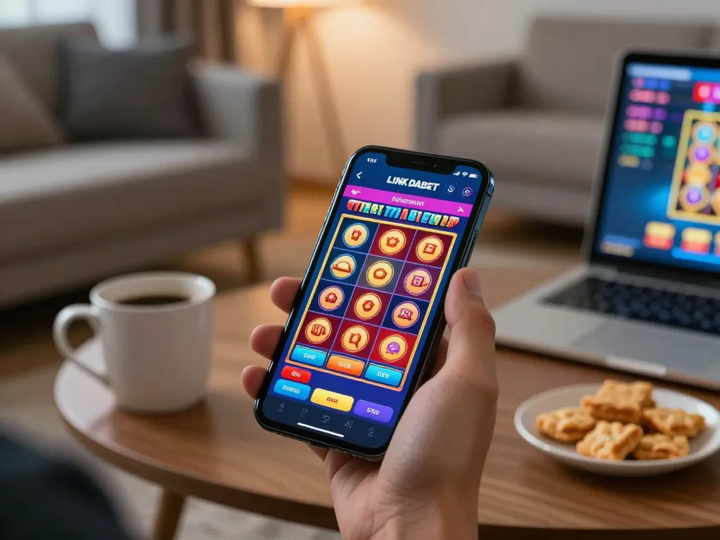 Engaging with LINK DABET mobile interface while enjoying a cozy gaming night at home.