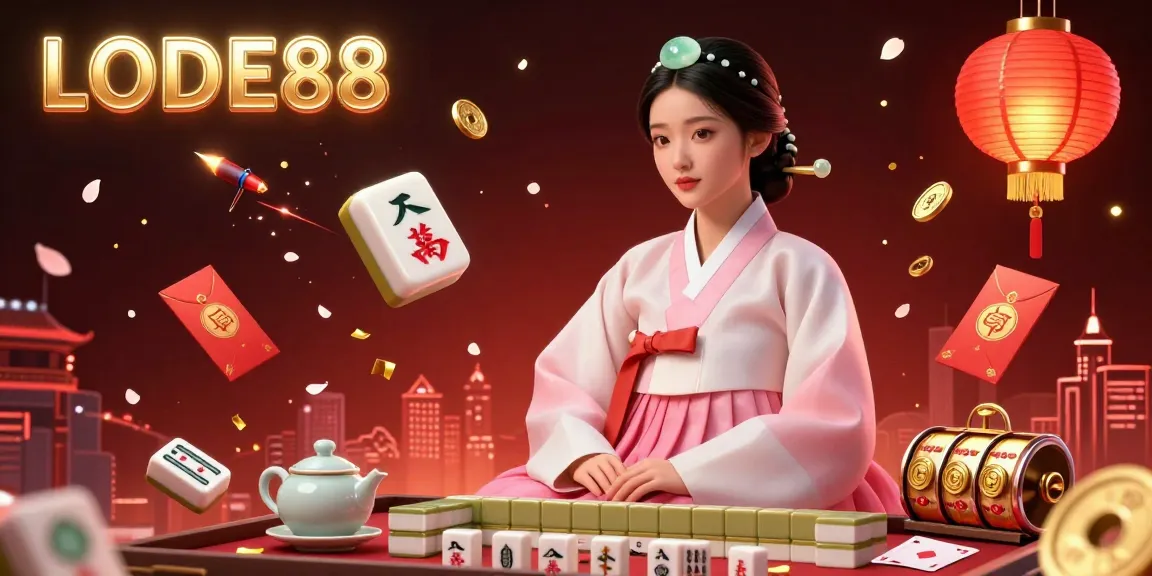 Engage with LODE88's vibrant gambling world featuring an elegant woman and dynamic mahjong tiles amid gold and cherry blossoms.