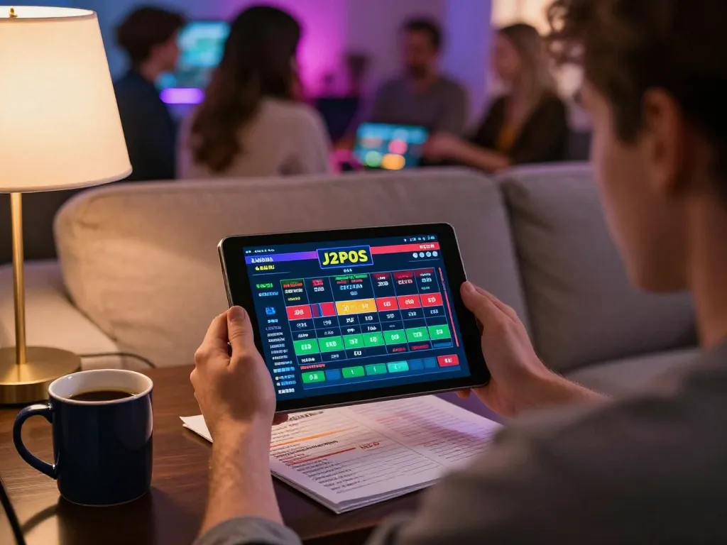 Player engages in sports betting at home using dh88 app on tablet amidst a cozy atmosphere