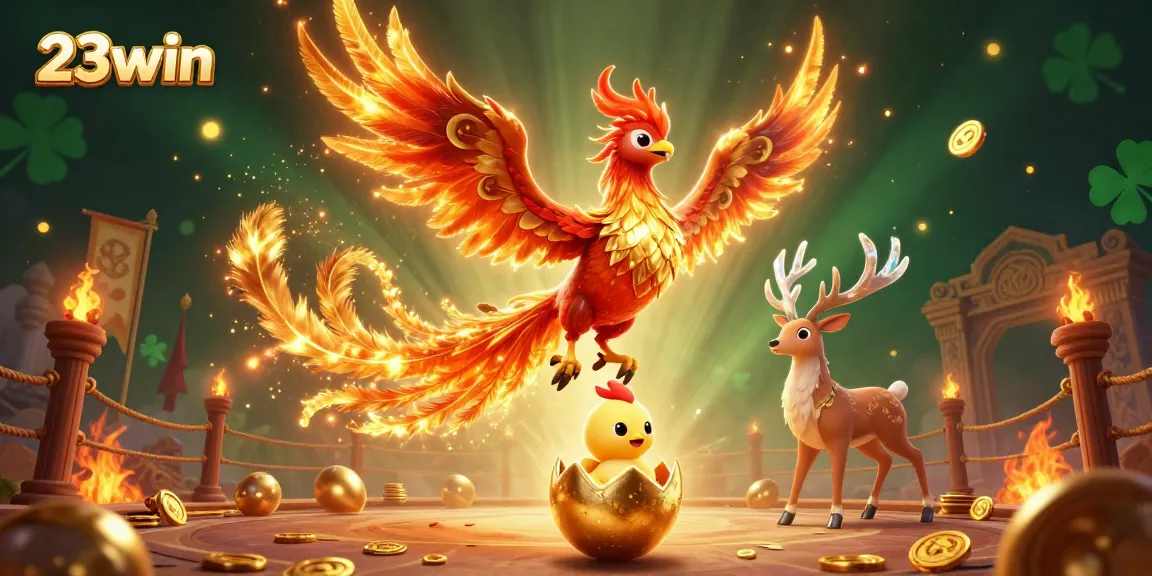 Engage with 23win's immersive gaming experience featuring a vibrant fire phoenix and captivating casino elements.