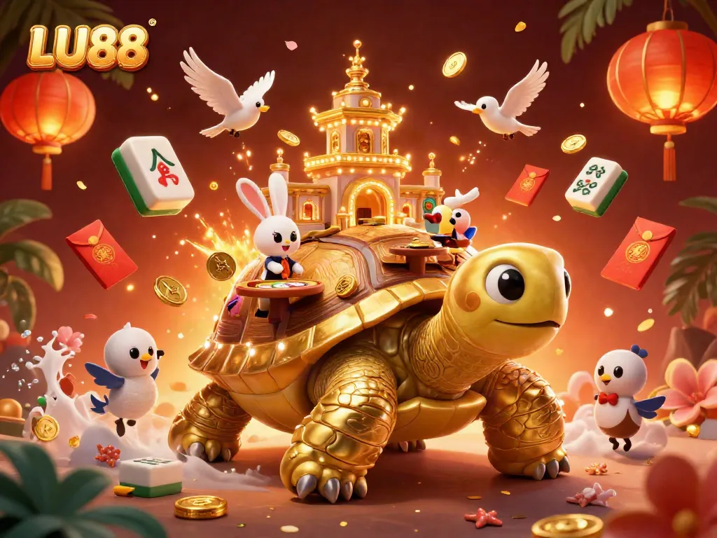 Experience LU88’s vibrant gaming world with a golden tortoise casino and a dealer at an entertaining table.