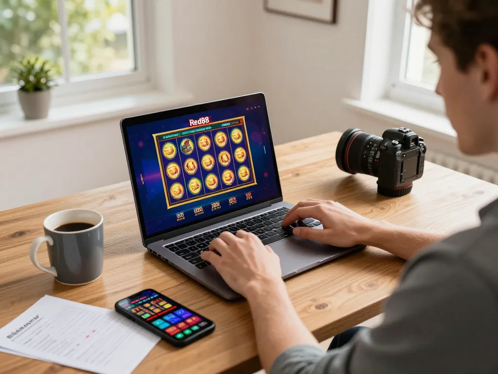 Player enjoying Red88 online casino gaming on a laptop with vibrant graphics in a cozy home setup