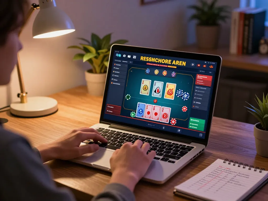 Player enjoying nhà cái rr88 at home using a laptop for online gaming action with dynamic interface.