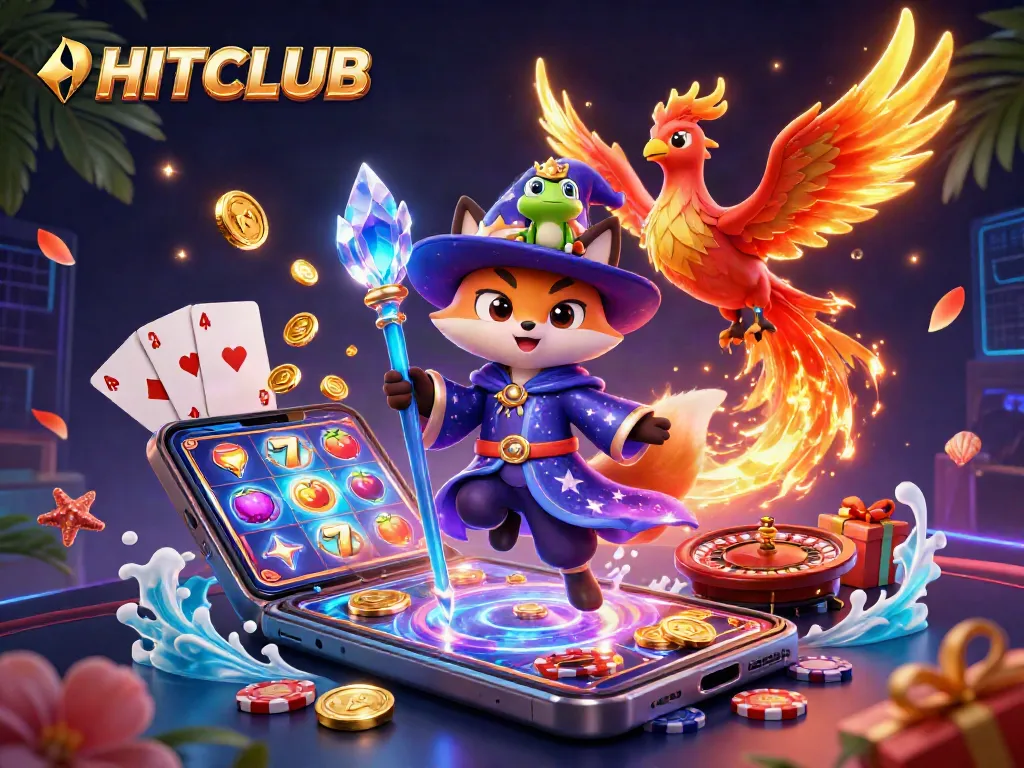 Experience HITCLUB's vibrant gaming universe with the wizard fox, phoenix, and 3D slot game elements.