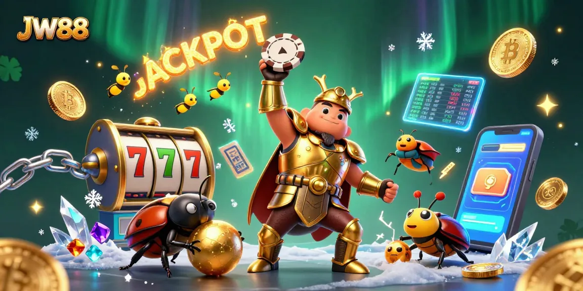 JW88 showcases a vibrant 3D illustration of a hercules beetle triumphantly lifting a poker chip amid gaming symbols and elements.