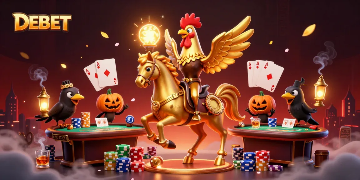 Experience exhilarating casino action with DEBET, featuring a golden rooster and poker elements.