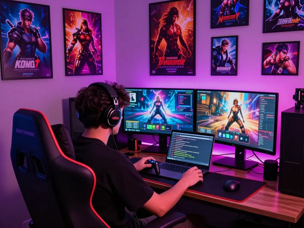 Player engaging with an adult game in a vibrant gaming setup, showcasing colorful characters and immersive gameplay.