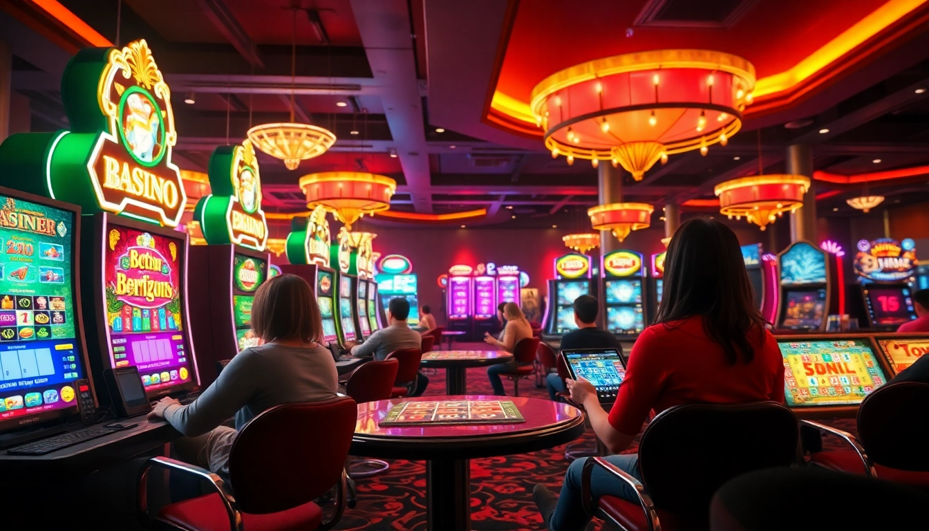 Exciting scene at 55WW online casino showcasing engaging slot machines and table games with vibrant ambiance.