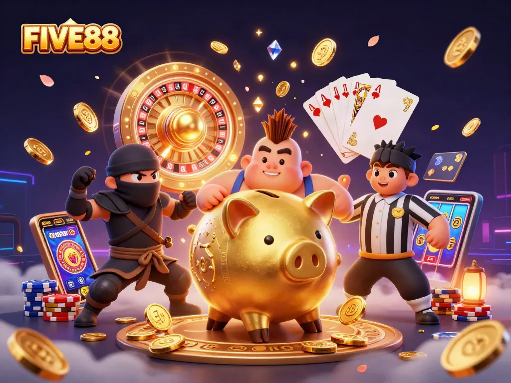 Experience the excitement of FIVE88 with a dynamic casino scene featuring a golden piggy bank wrestler.