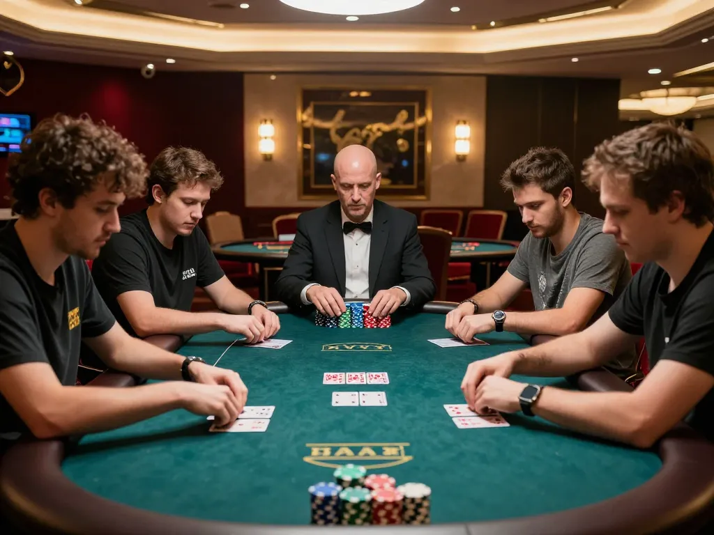 LC88 players engaging in a strategic poker game with stacks of chips visible in a luxurious casino setting