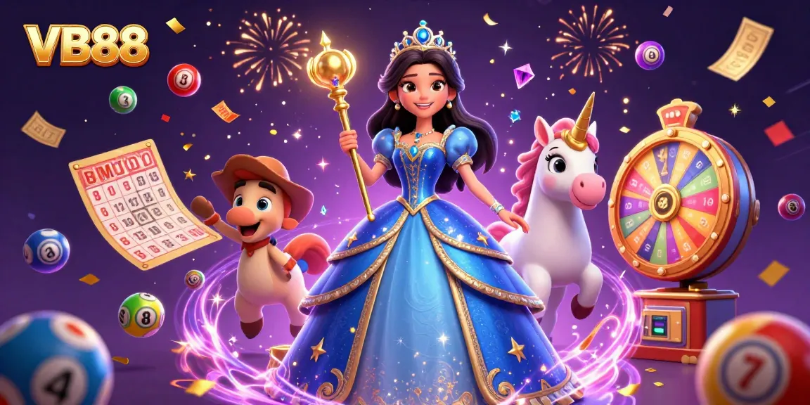 Experience the magic of VB88 with vibrant lottery balls and sparkling prize elements in this lively casino scene.