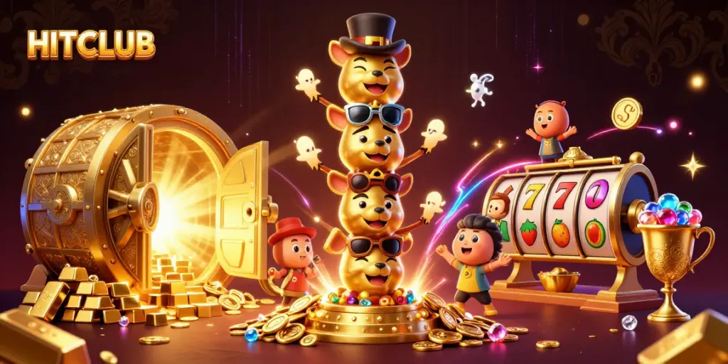 Experience the thrill at HITCLUB with a vibrant 3D casino scene showcasing slot reels and treasures.