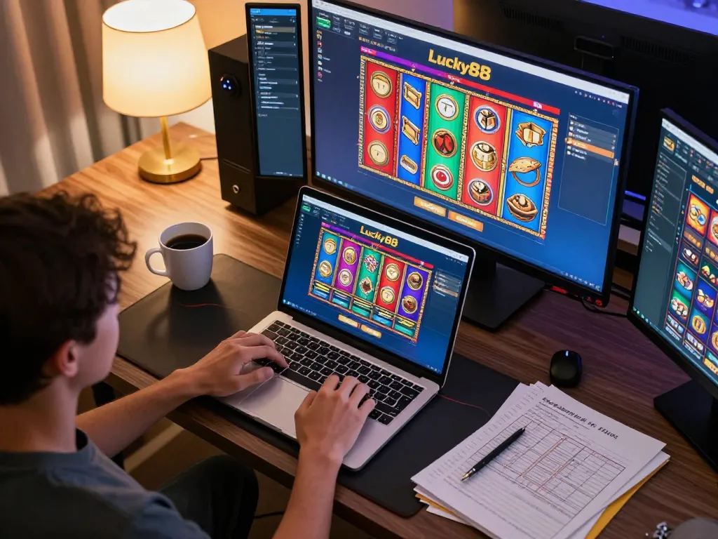 Engaged player spinning Lucky88 online slot game on a laptop, showcasing responsible gaming atmosphere.